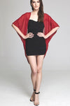 Model wearing short red chiffon kimono facing forward